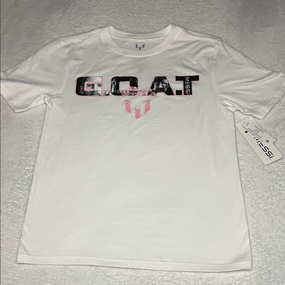 MESSI Kids' Short Sleeve White Tee with Pink Accent